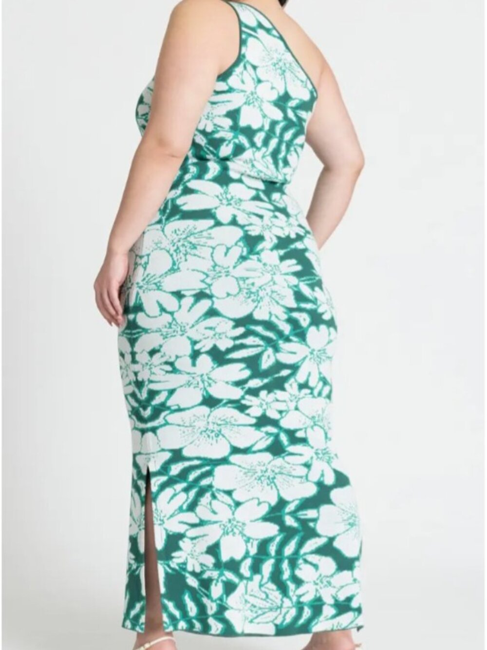 ELOQUII INTARSIA FLORAL ONE SHOULDER SWEATER DRESS GREEN WHITE PLUS SIZE 18/20 - Picture 4 of 15